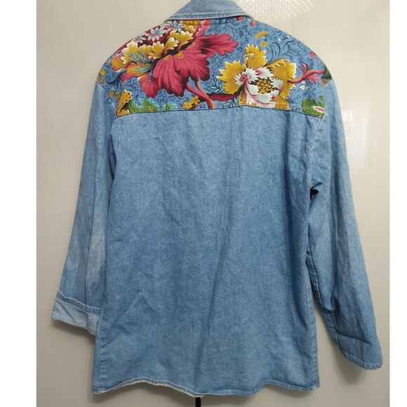 Vintage 80s 90s American Dungaree chambray denim jacket floral tapestry womens L - Picture 3 of 10